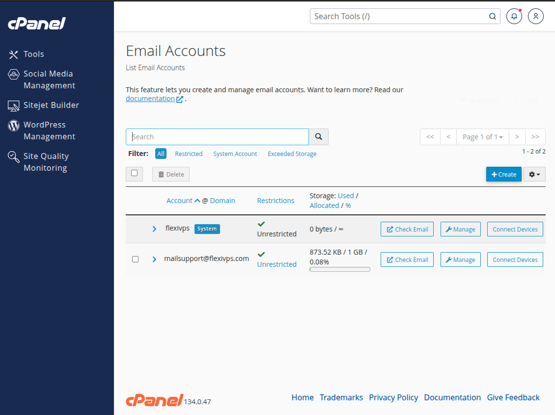 Manage E-mail accounts with cPanel