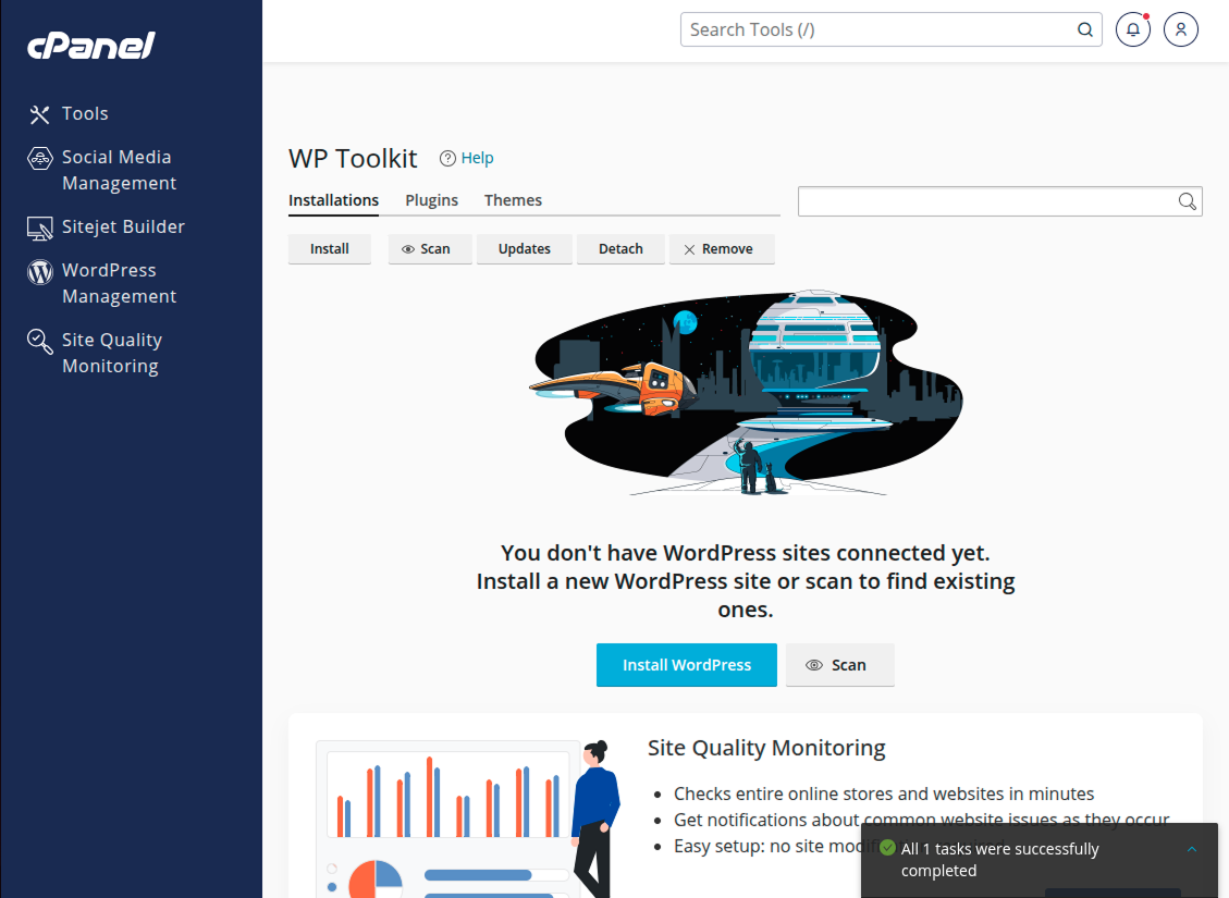 WP Toolkit comes with cPanel to enable fast and easy WordPress CMS installation